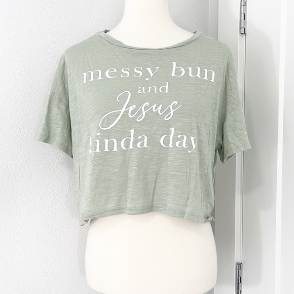 Altar'd State Tops - Altar'd State Small Green Messy Bun and Jesus Short Sleeve Crop Top